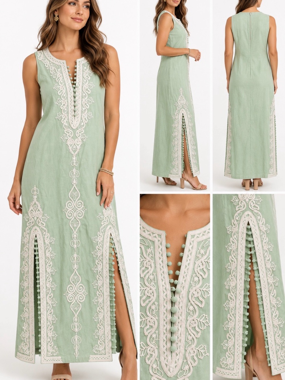 Mestiza NY Sleeveless Sage Green Embroidered Maxi linen dress